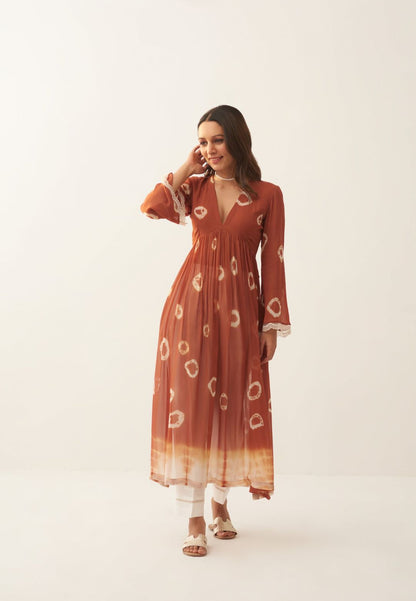 BROWN RUST TAN SHIBORI KURTA SET