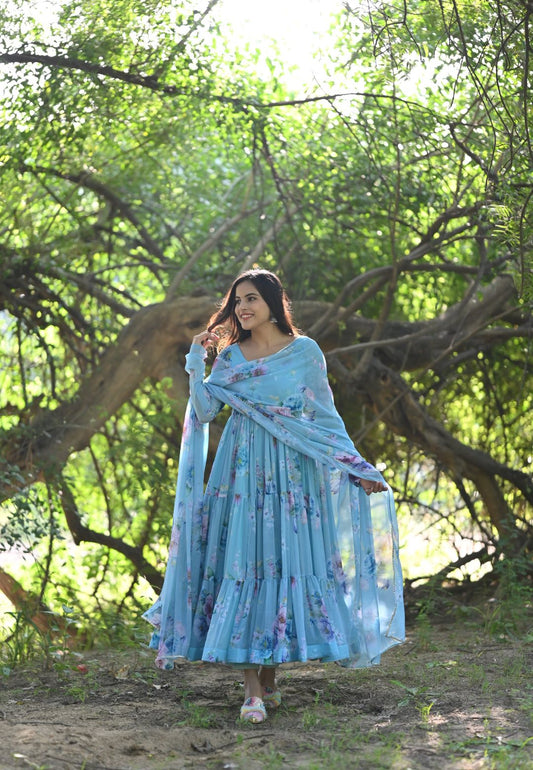 SKY BLUE PHOOL CHIFFON ANARKALI SUIT SET
