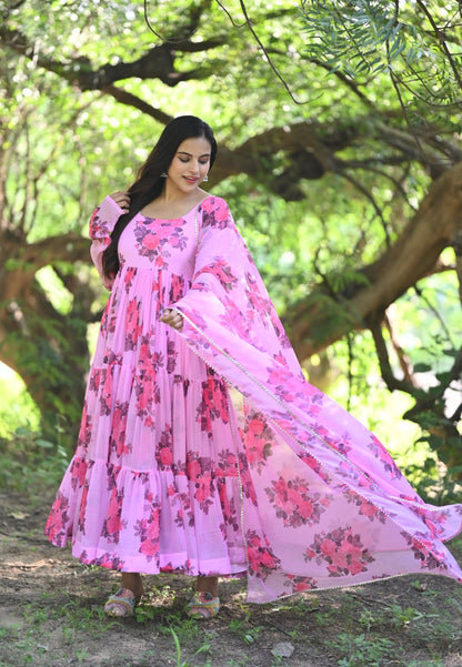 PINK GULABI CHIFFON ANARKALI SUIT SET
