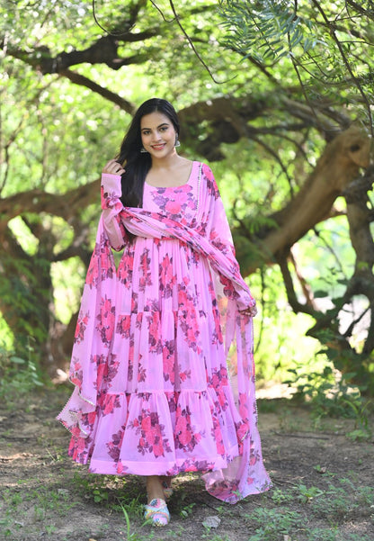 PINK GULABI CHIFFON ANARKALI SUIT SET