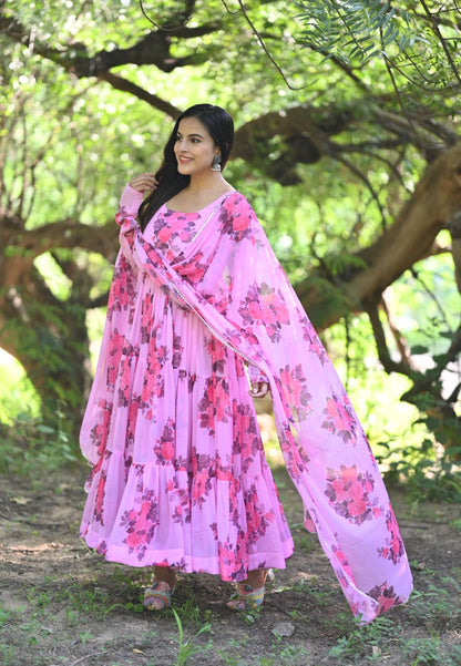 PINK GULABI CHIFFON ANARKALI SUIT SET