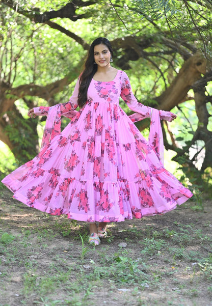 PINK GULABI CHIFFON ANARKALI SUIT SET