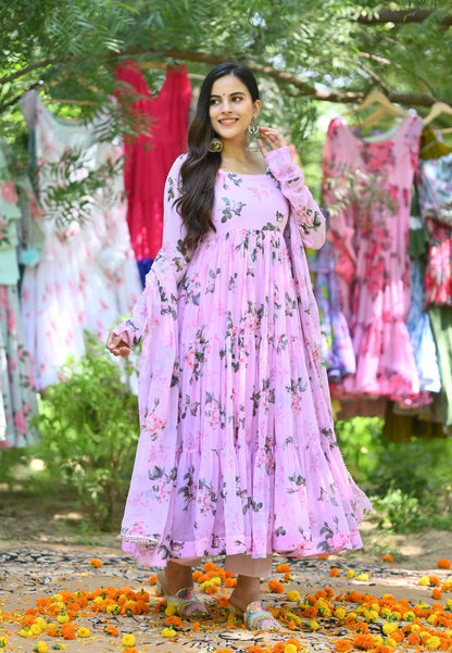 BLUSH PINK FLORAL CHIFFON ANARKALI SUIT SET