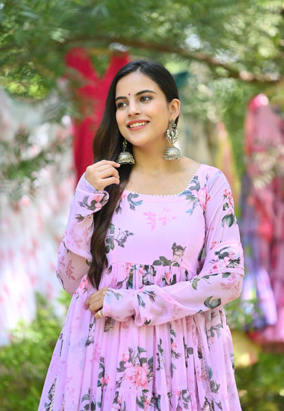 BLUSH PINK FLORAL CHIFFON ANARKALI SUIT SET