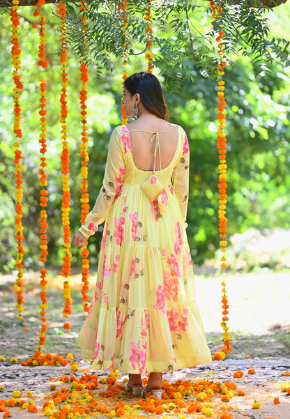 SOFT YELLOW FLORAL CHIFFON ANARKALI SUIT SET