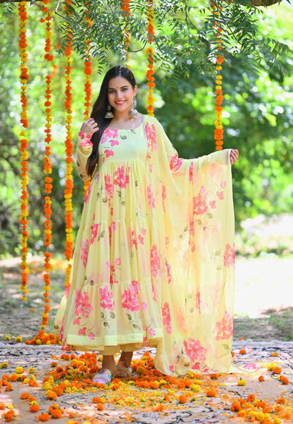 SOFT YELLOW FLORAL CHIFFON ANARKALI SUIT SET