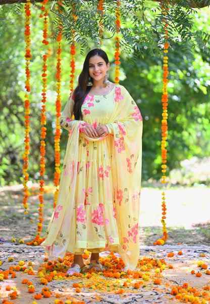 SOFT YELLOW FLORAL CHIFFON ANARKALI SUIT SET