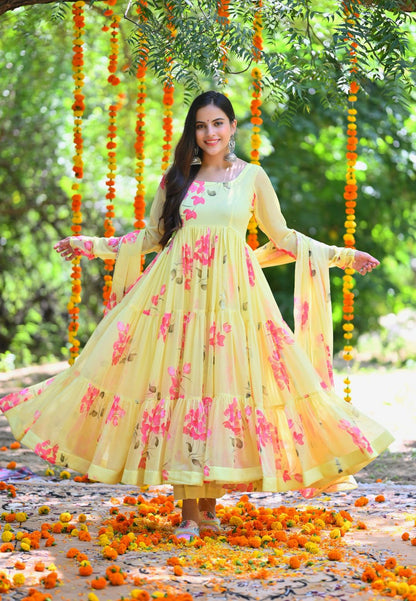SOFT YELLOW FLORAL CHIFFON ANARKALI SUIT SET