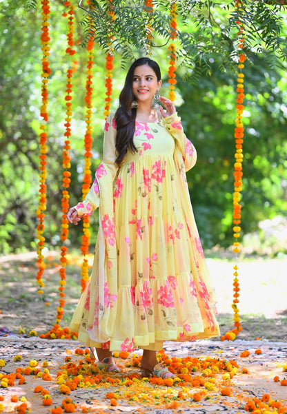 SOFT YELLOW FLORAL CHIFFON ANARKALI SUIT SET