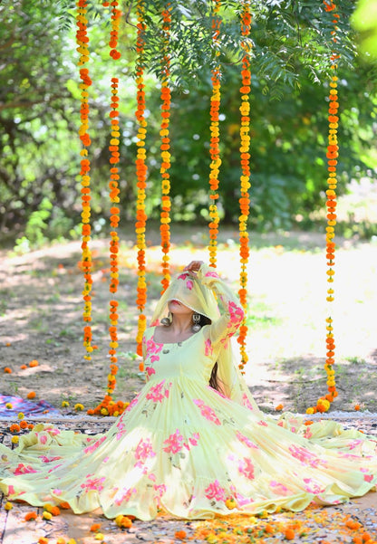 SOFT YELLOW FLORAL CHIFFON ANARKALI SUIT SET