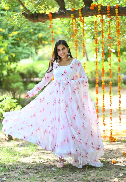 WHITE TULIP CHIFFON ANARKALI SUIT SET