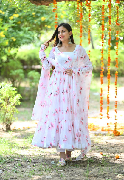 WHITE TULIP CHIFFON ANARKALI SUIT SET