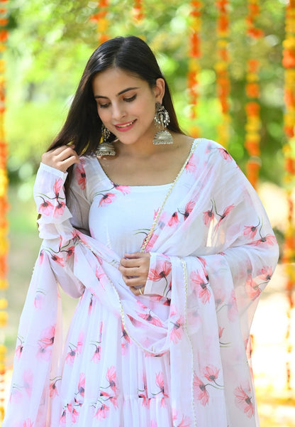 WHITE TULIP CHIFFON ANARKALI SUIT SET