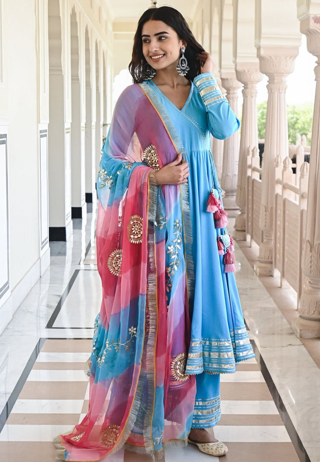SKY BLUE GOTAPATTI COTTON ANARKALI SUIT SET