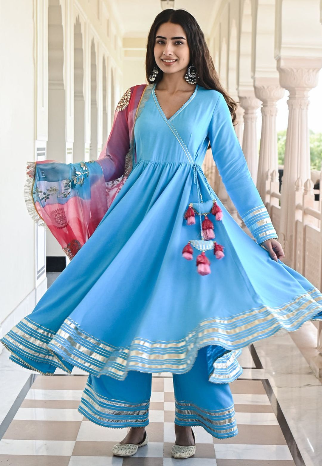SKY BLUE GOTAPATTI COTTON ANARKALI SUIT SET
