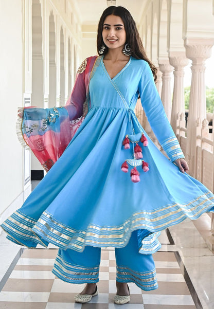 SKY BLUE GOTAPATTI COTTON ANARKALI SUIT SET