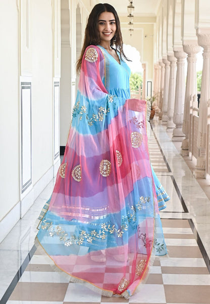 SKY BLUE GOTAPATTI COTTON ANARKALI SUIT SET