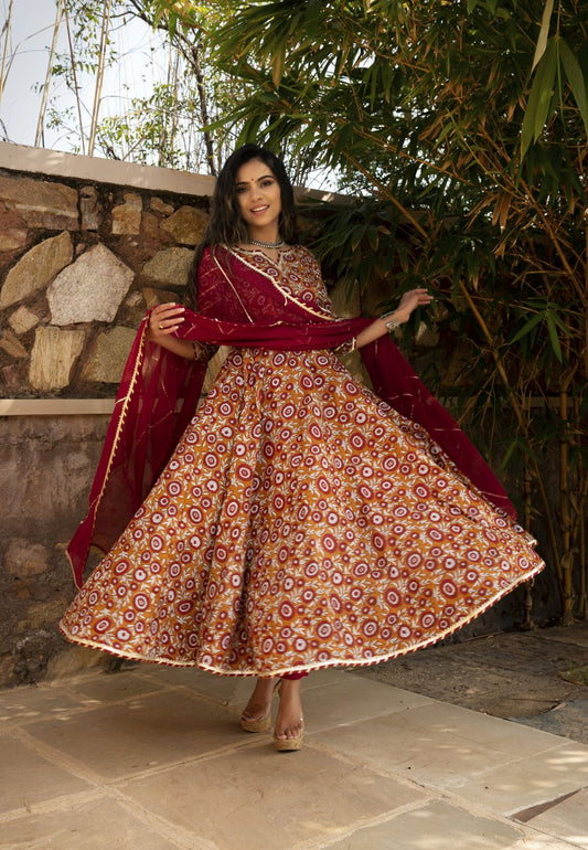 ORANGE MAROON COTTON ANARKALI SUIT SET