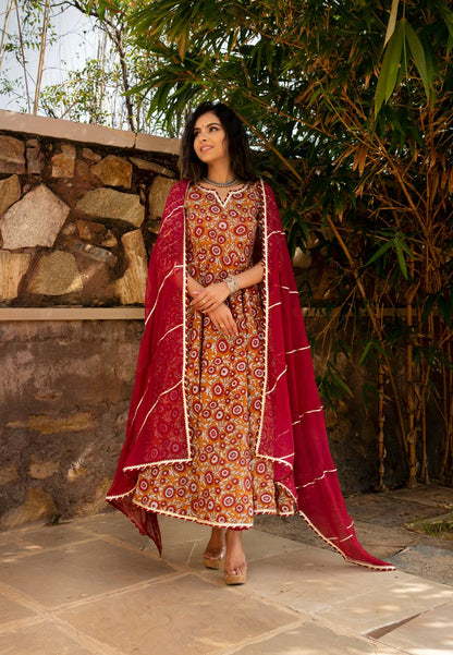 ORANGE MAROON COTTON ANARKALI SUIT SET
