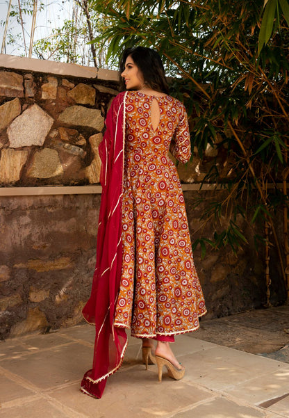 ORANGE MAROON COTTON ANARKALI SUIT SET