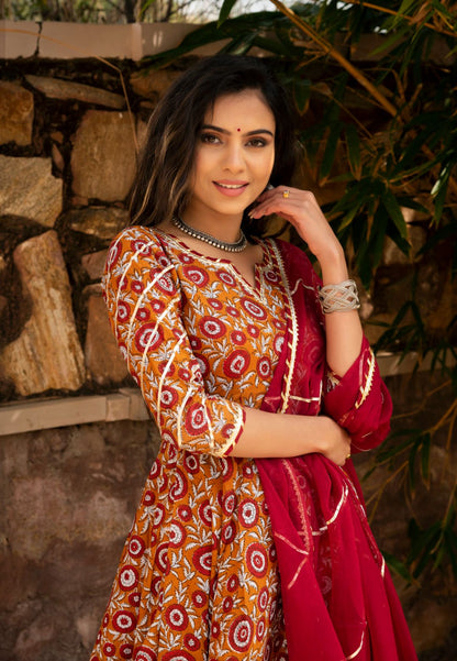 ORANGE MAROON COTTON ANARKALI SUIT SET