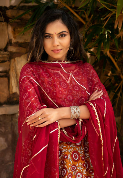 ORANGE MAROON COTTON ANARKALI SUIT SET