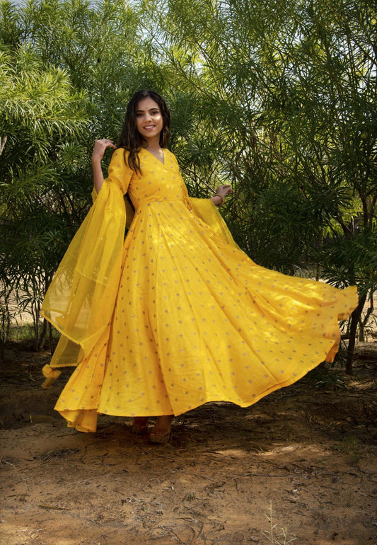 YELLOW GOLD COTTON ANARKALI SET