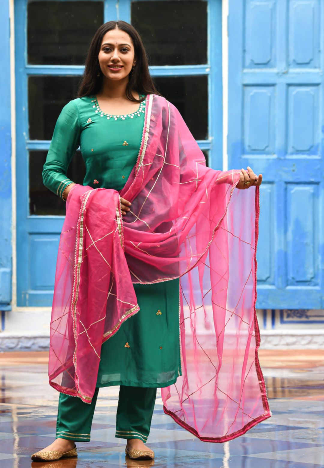 GREEN  COTTON SILK AASHNA SUIT SET
