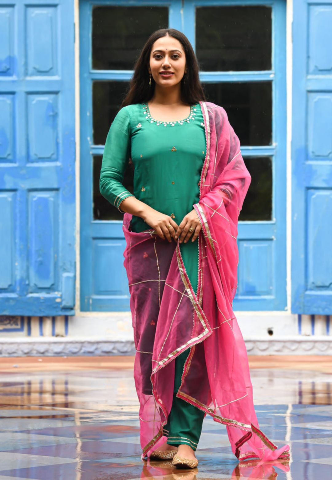 GREEN  COTTON SILK AASHNA SUIT SET