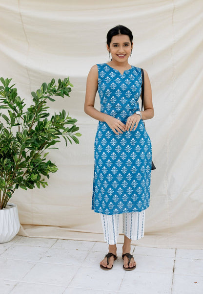 BLUE HANDBLOCKED COTTON KURTA SET