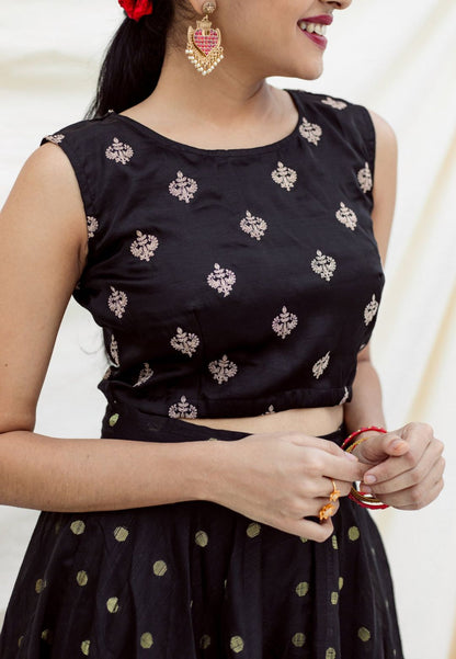 BLACK DUPION SILK LEHENGA SET