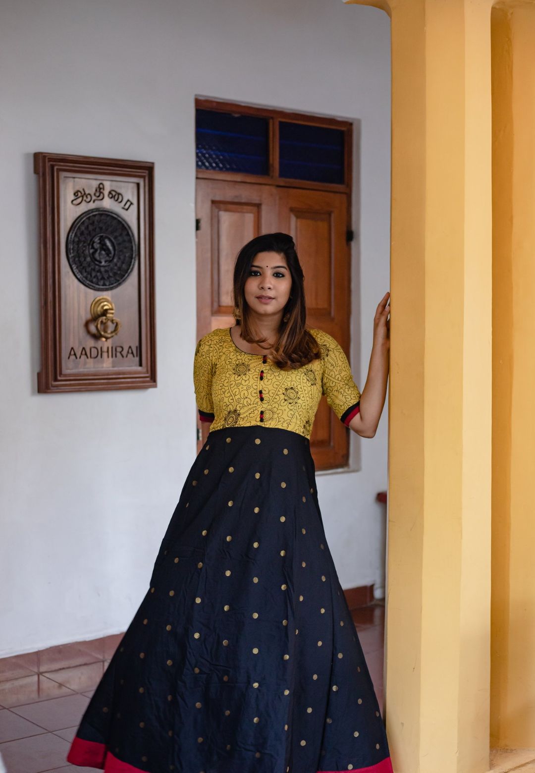 KALAMKARI YELLOW/BLACK ANARKALI DRESS - Avino Atelier 