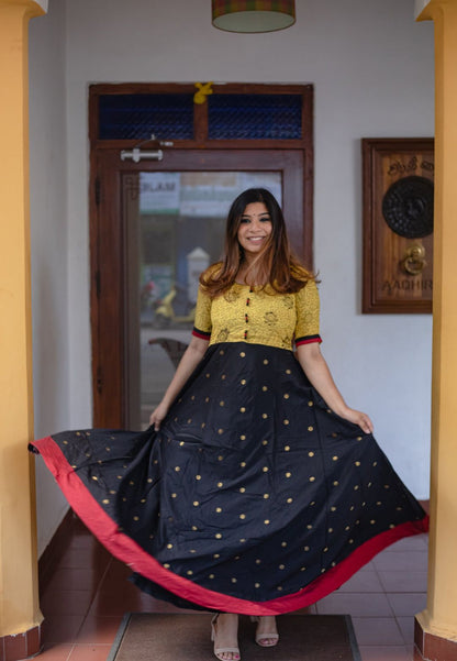 KALAMKARI YELLOW/BLACK ANARKALI DRESS - Avino Atelier 
