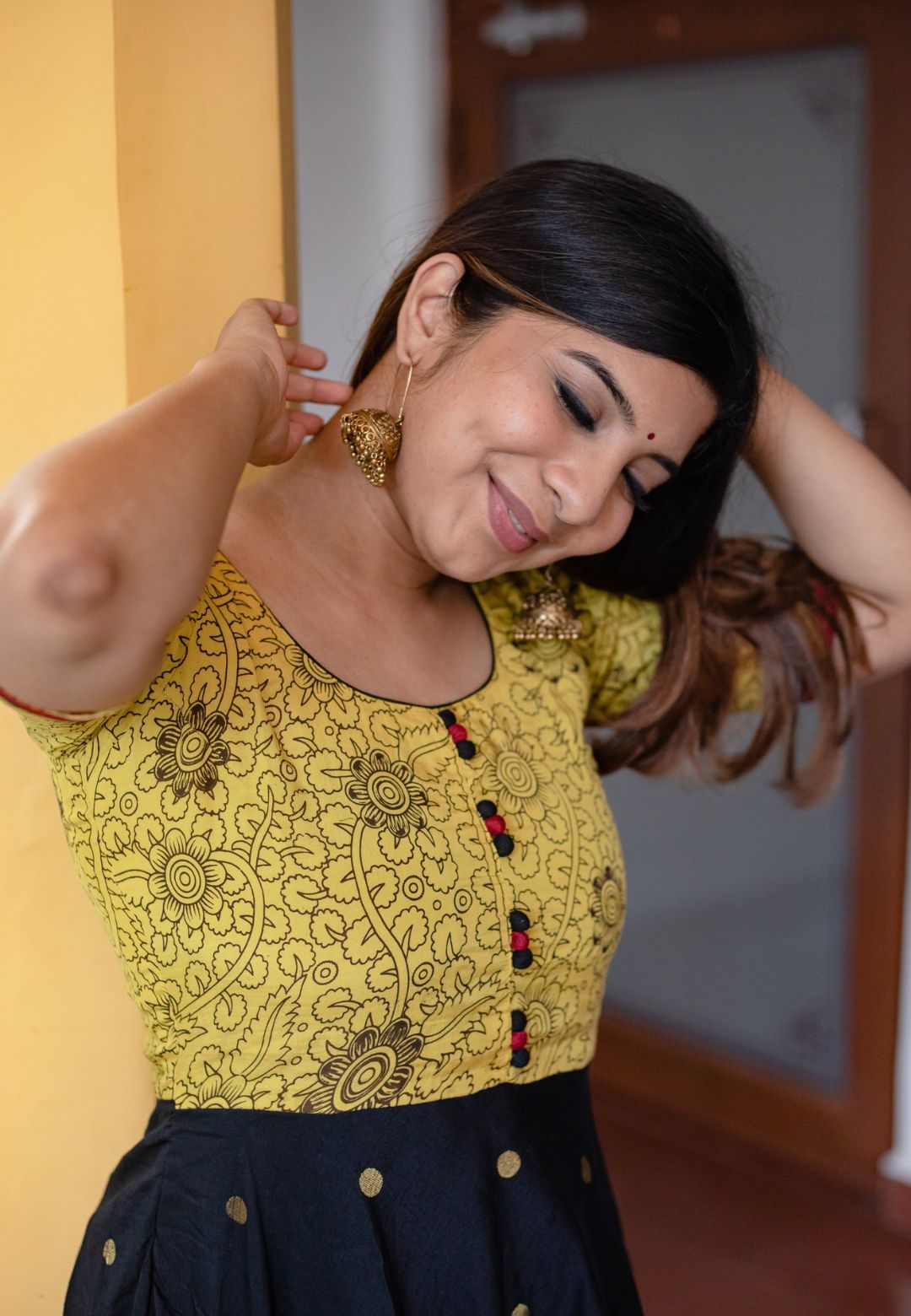KALAMKARI YELLOW/BLACK ANARKALI DRESS - Avino Atelier 