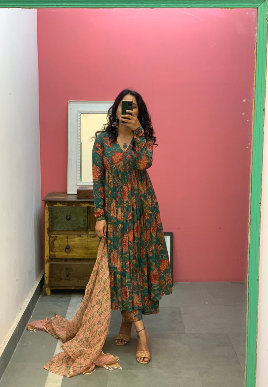 DARK GREEN FLORAL ANARKALI SUIT SET