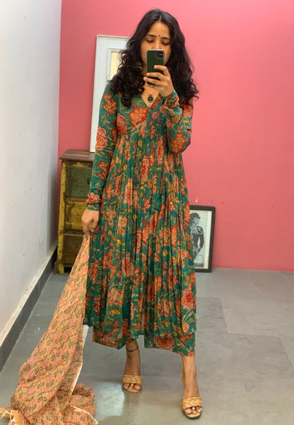 DARK GREEN FLORAL ANARKALI SUIT SET
