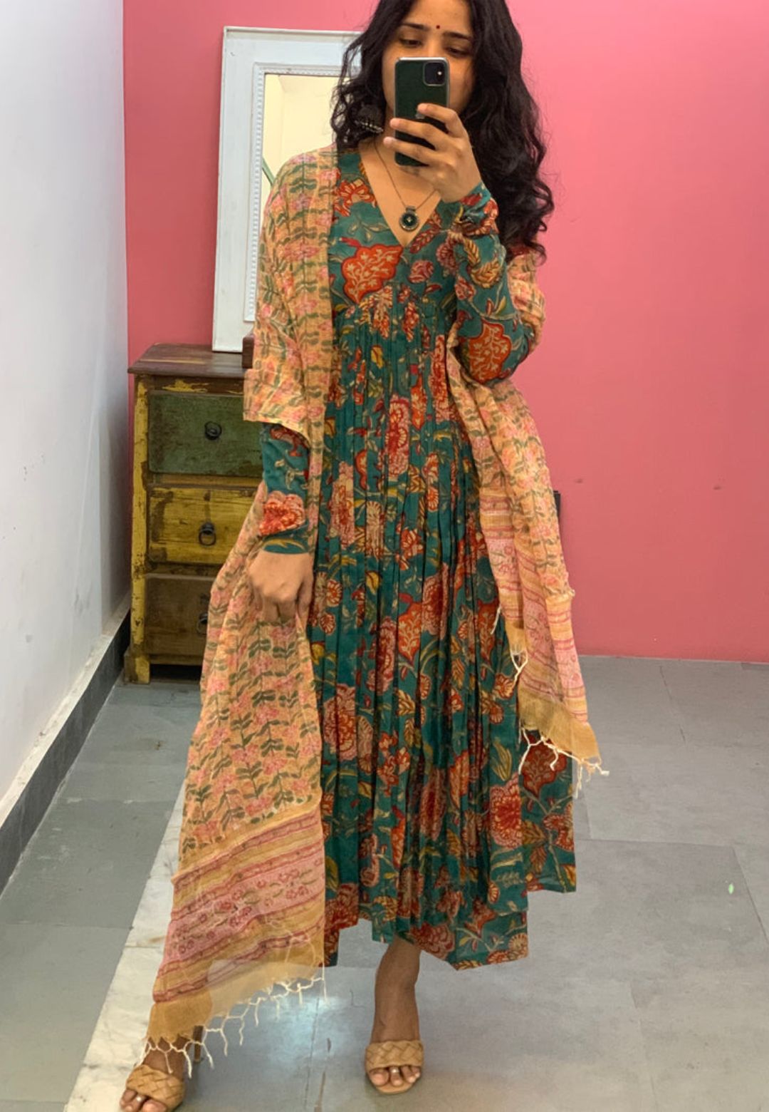 DARK GREEN FLORAL ANARKALI SUIT SET