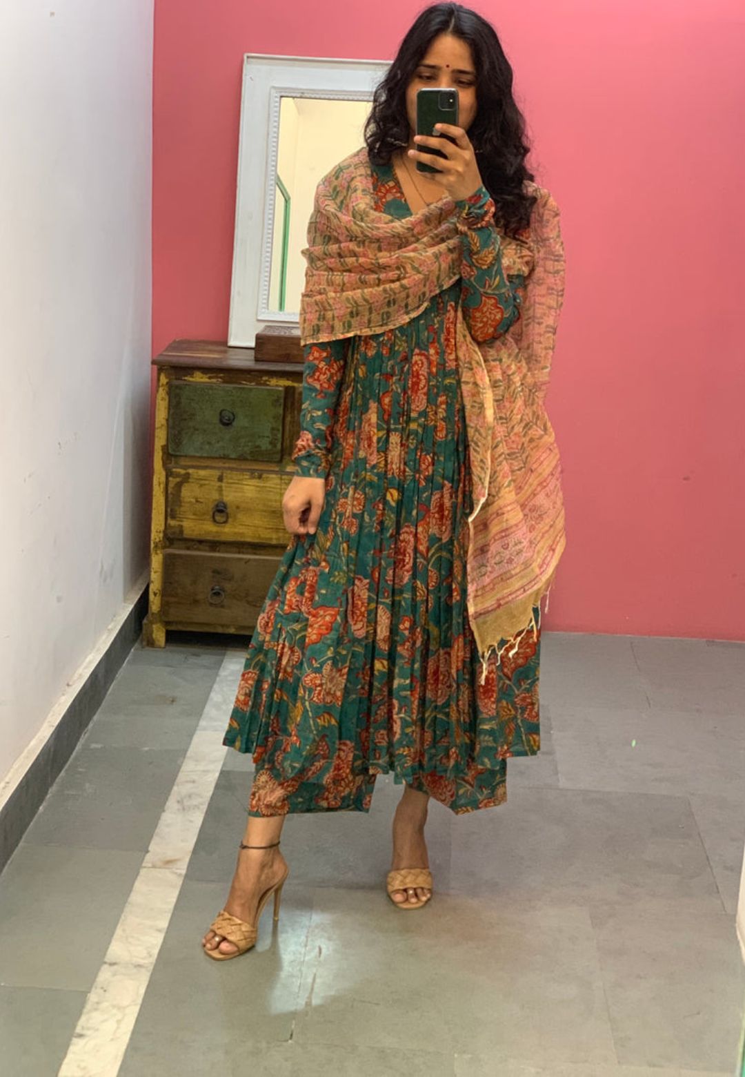 DARK GREEN FLORAL ANARKALI SUIT SET