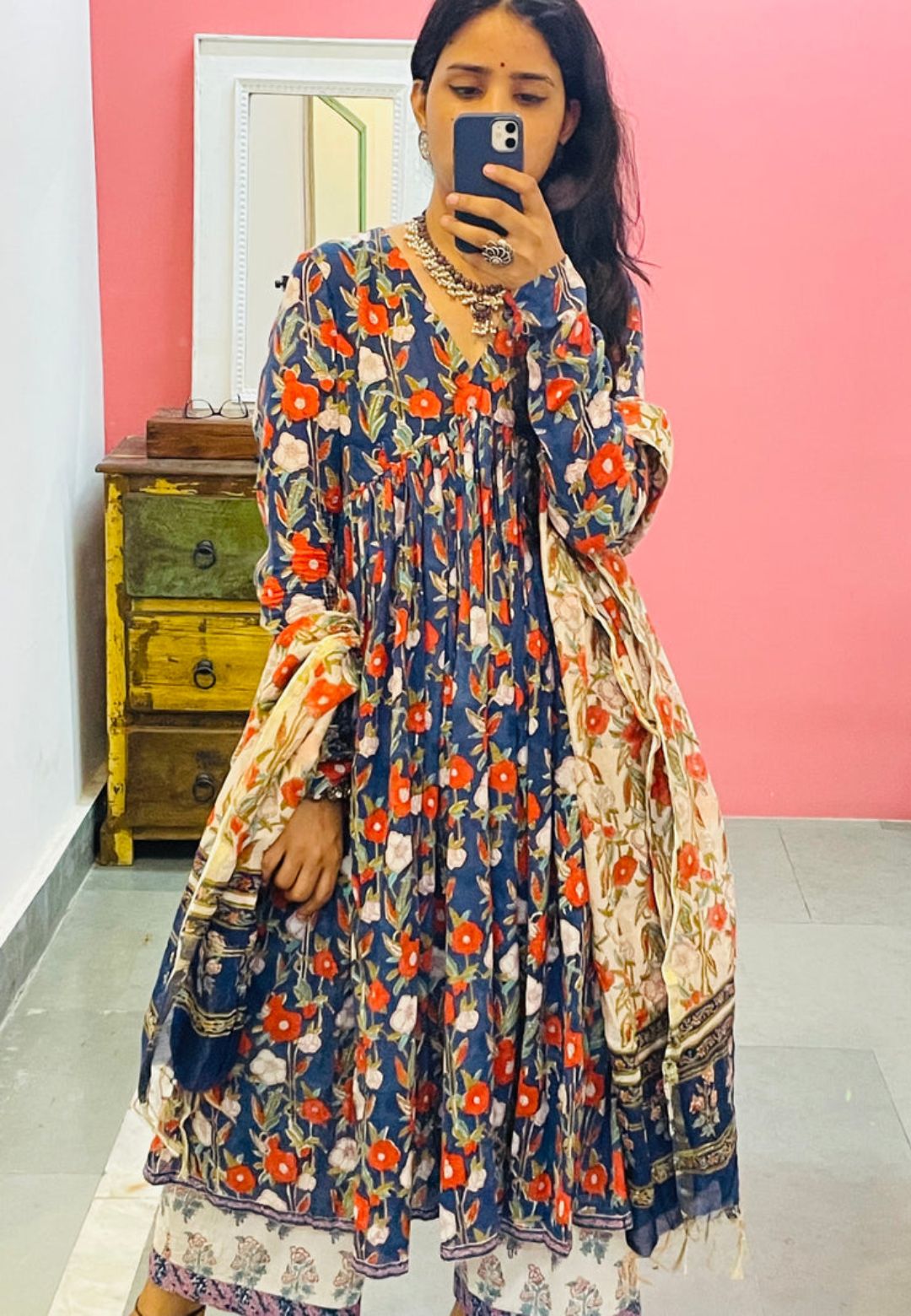 BLUE FLORAL ANARKALI FULL SLEEVES SUIT SET