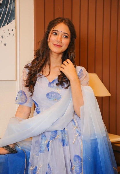 BLUE FLORAL ORGANZA SUIT SET