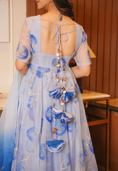 BLUE FLORAL ORGANZA SUIT SET
