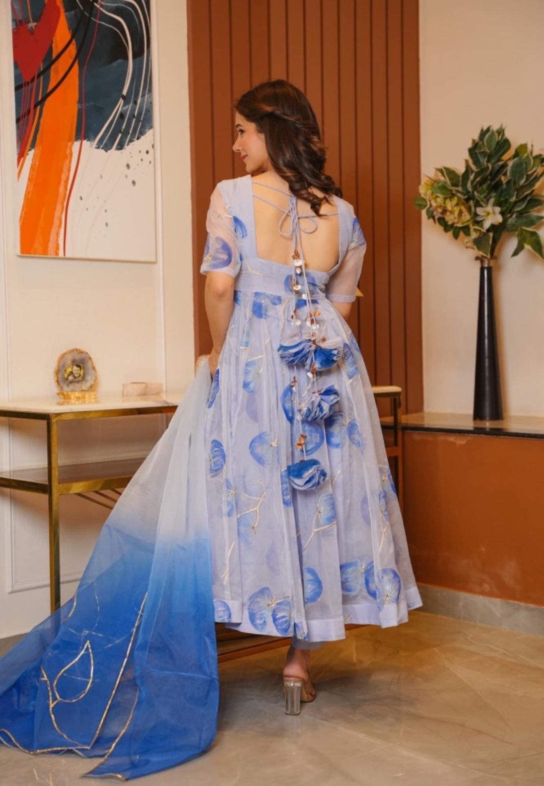 BLUE FLORAL ORGANZA SUIT SET