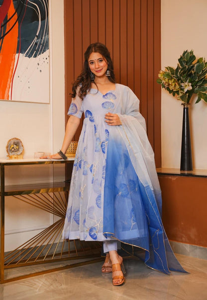 BLUE FLORAL ORGANZA SUIT SET
