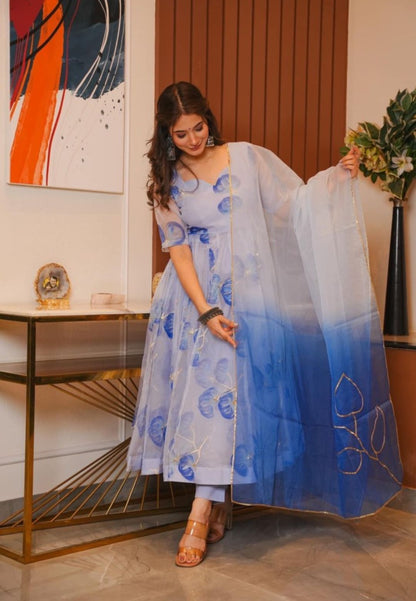 BLUE FLORAL ORGANZA SUIT SET