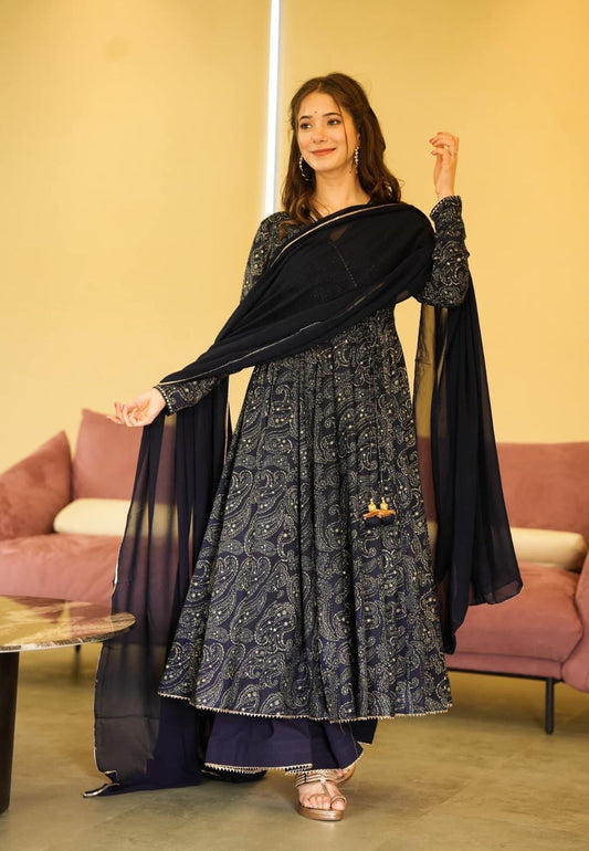 NAVY BLUE COTTON ANARKALI SUIT SET