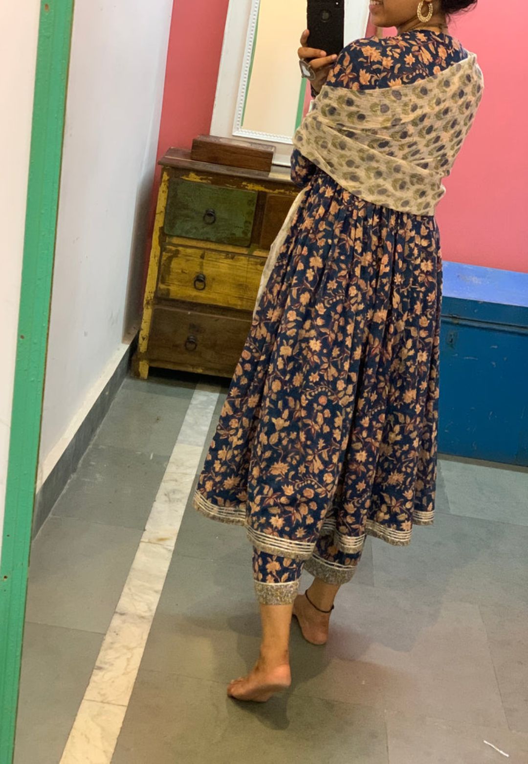 TEAL BLUE FLORAL ANARKALI SUIT SET