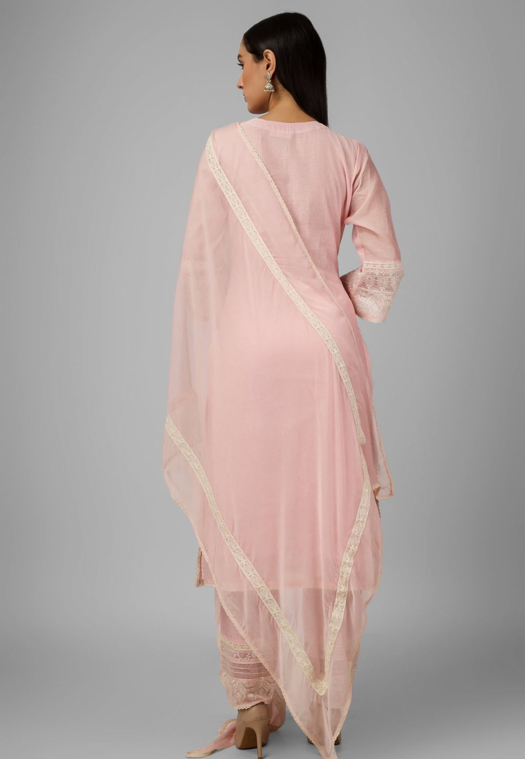 PASTEL PINK CHANDERI CHIKANKARI SUIT SET