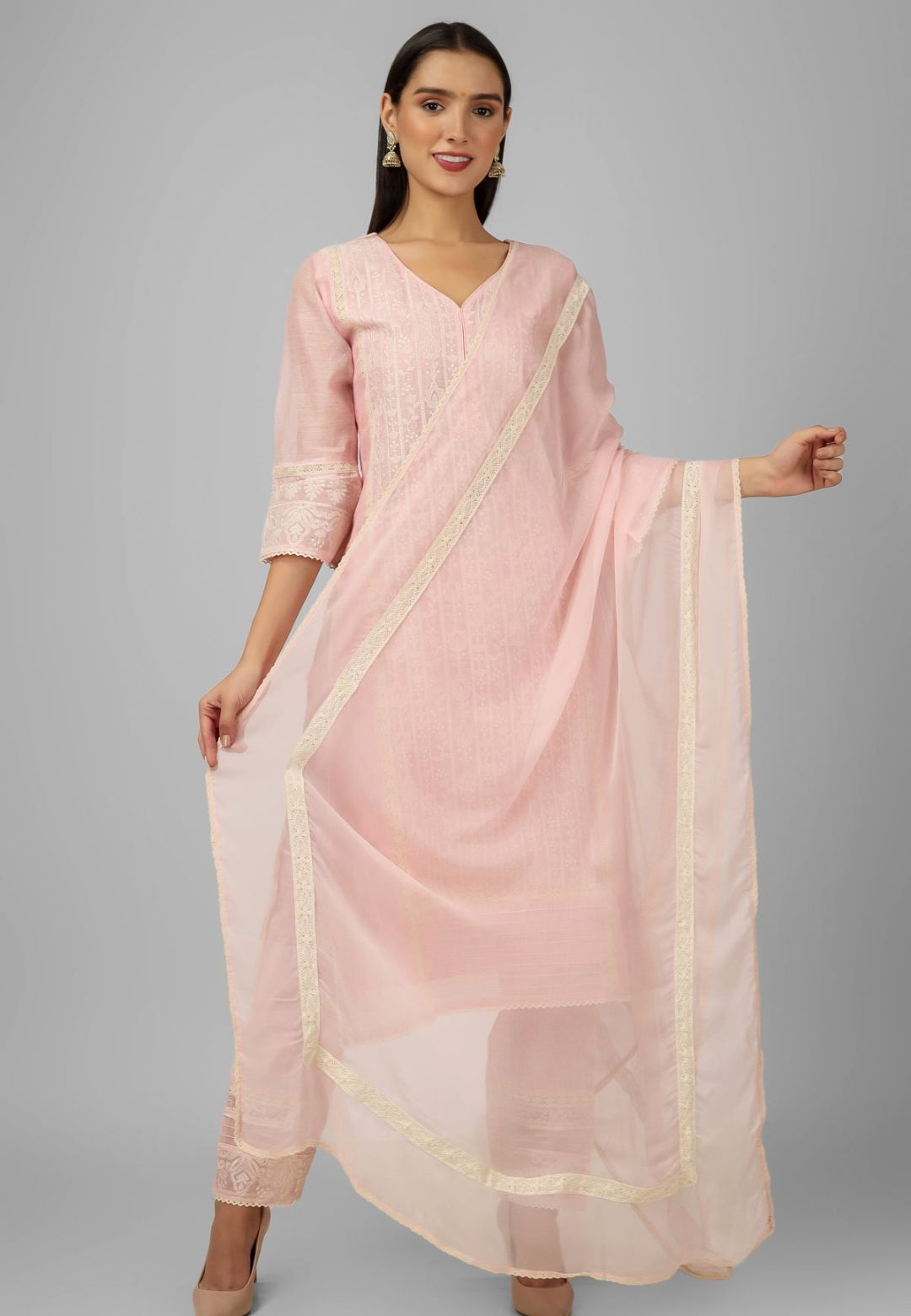 PASTEL PINK CHANDERI CHIKANKARI SUIT SET