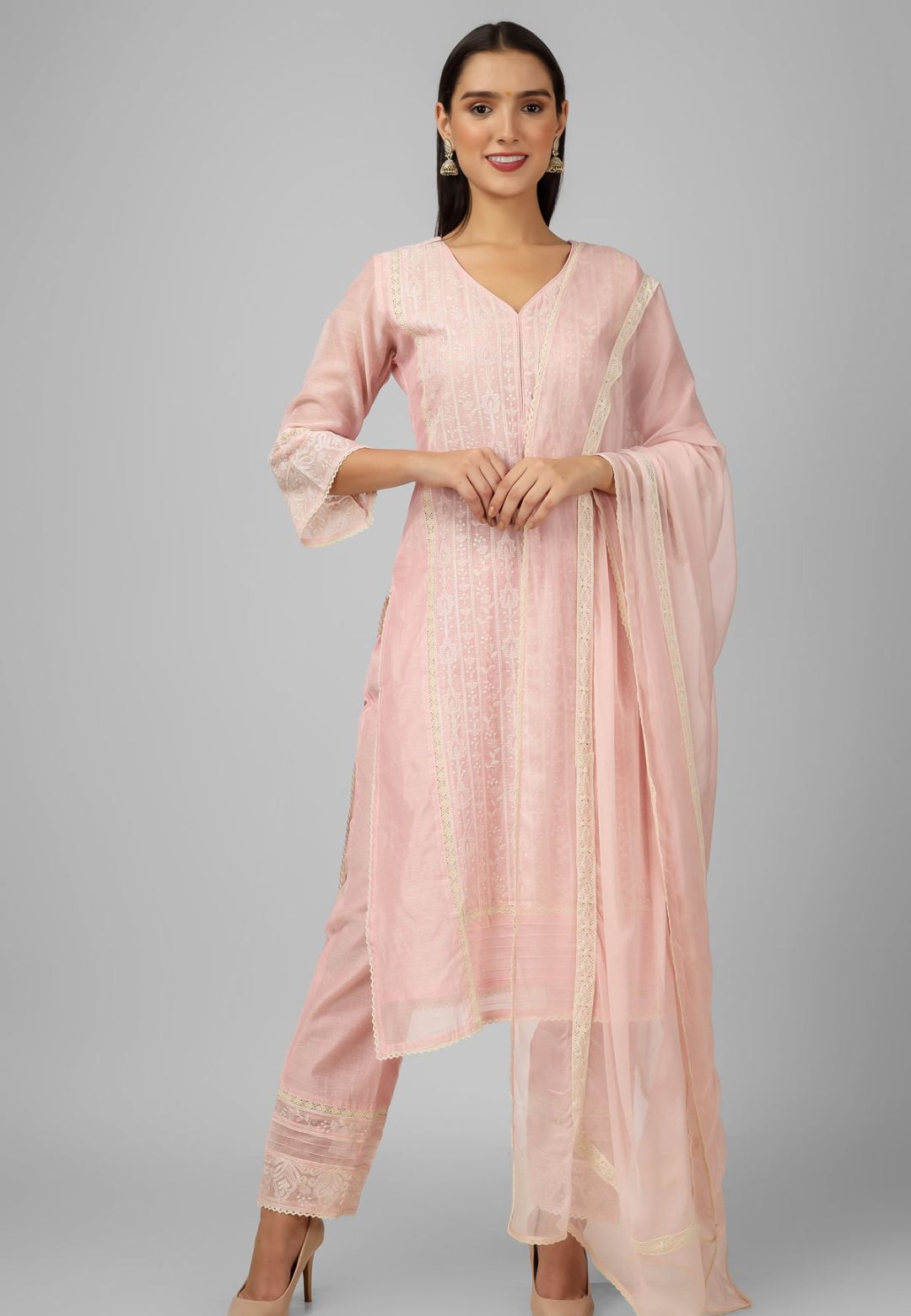 PASTEL PINK CHANDERI CHIKANKARI SUIT SET