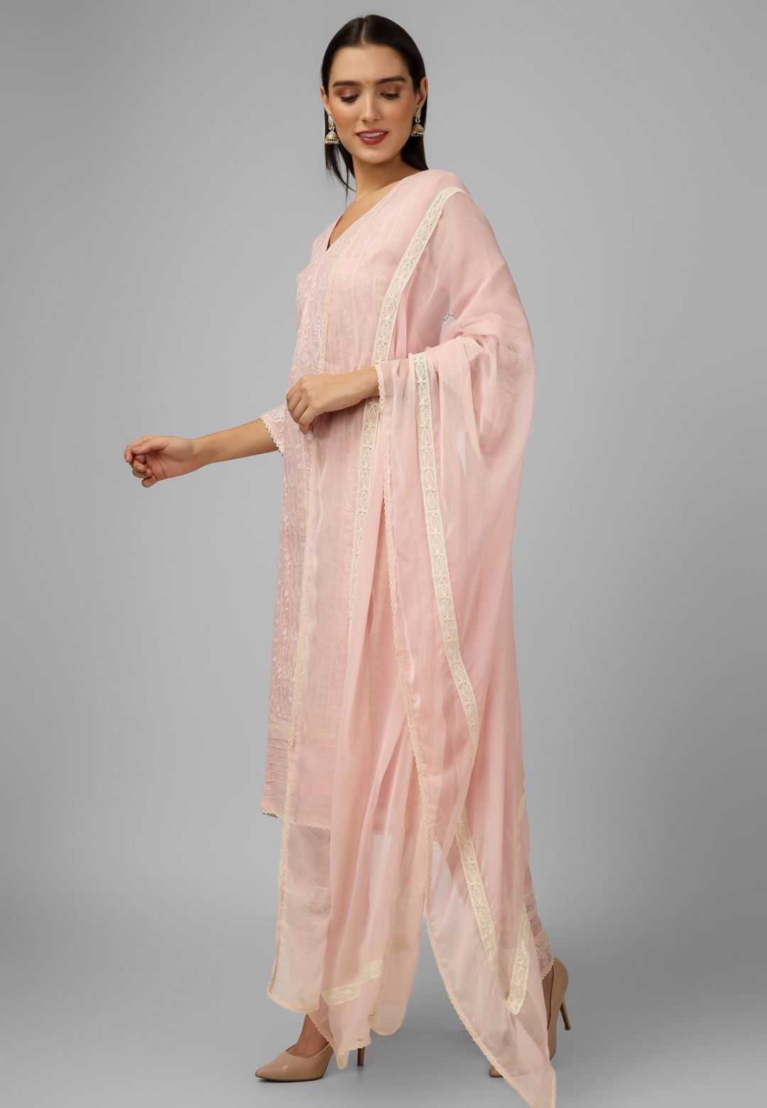 PASTEL PINK CHANDERI CHIKANKARI SUIT SET